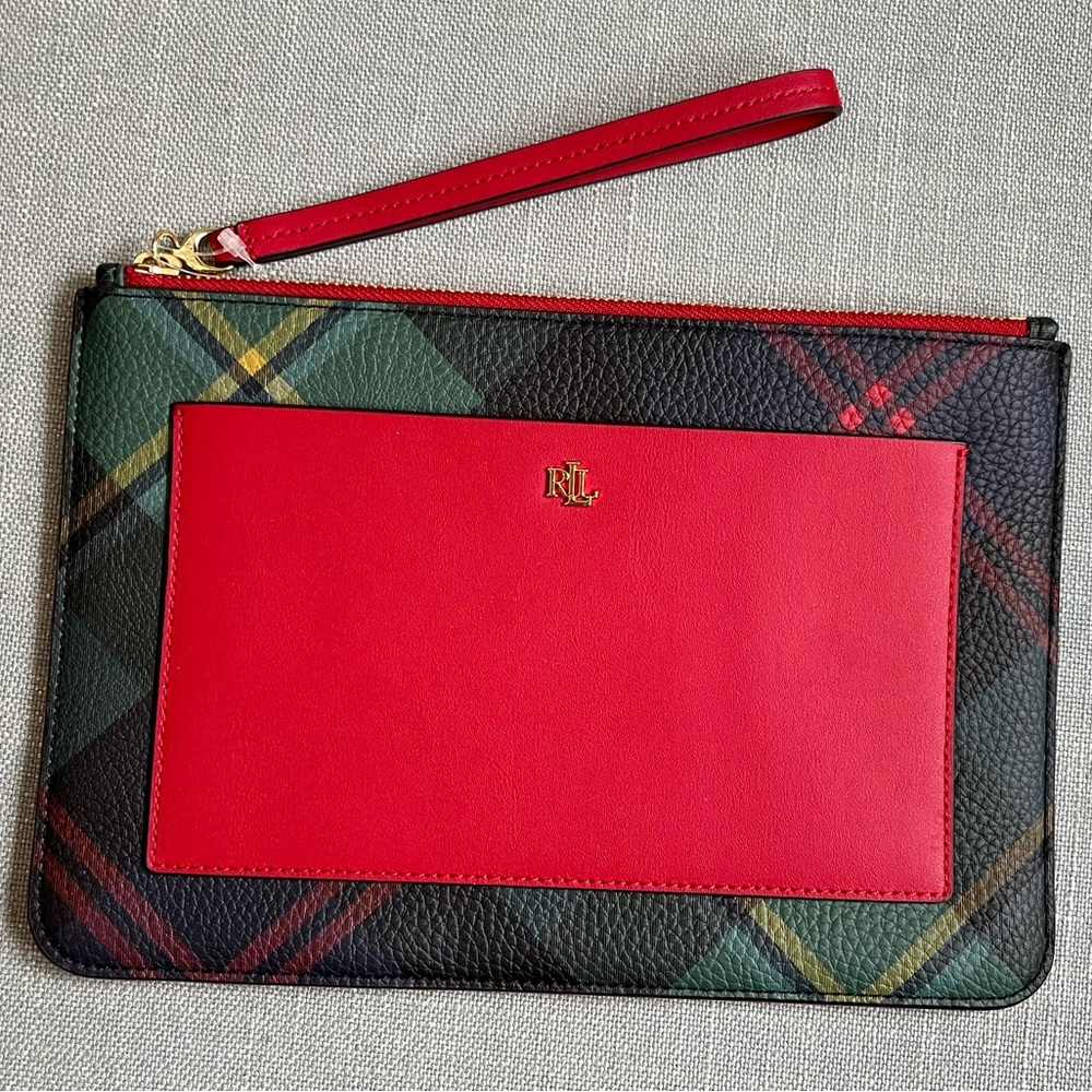 Ralph Lauren red and plaid zippered envelope clutch.